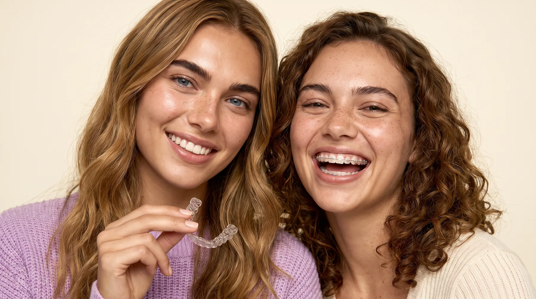 Two smiling women, one holding a clear aligner
